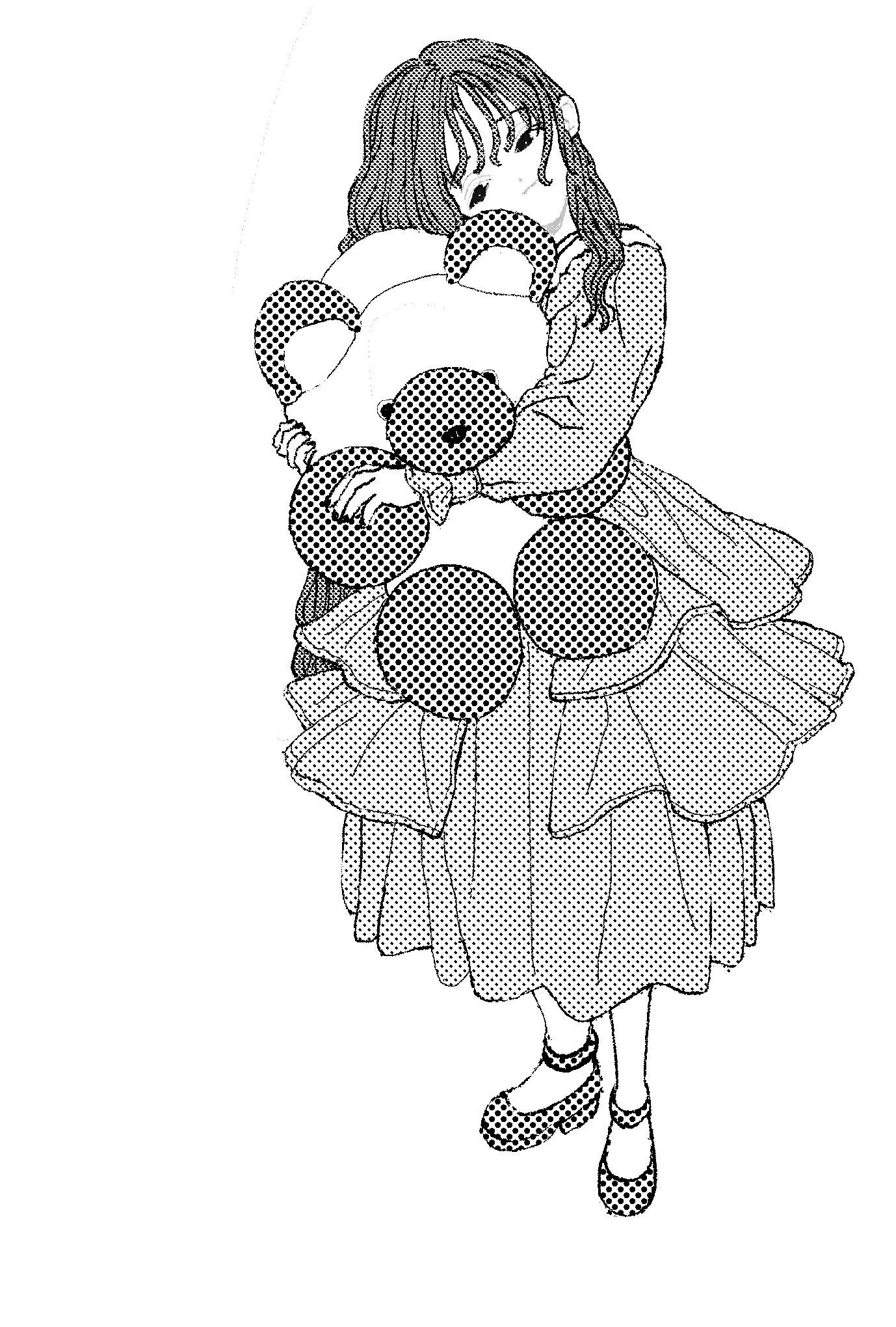 1girl, closed_mouth, dress, full_body, greyscale, halftone, head_tilt, highres