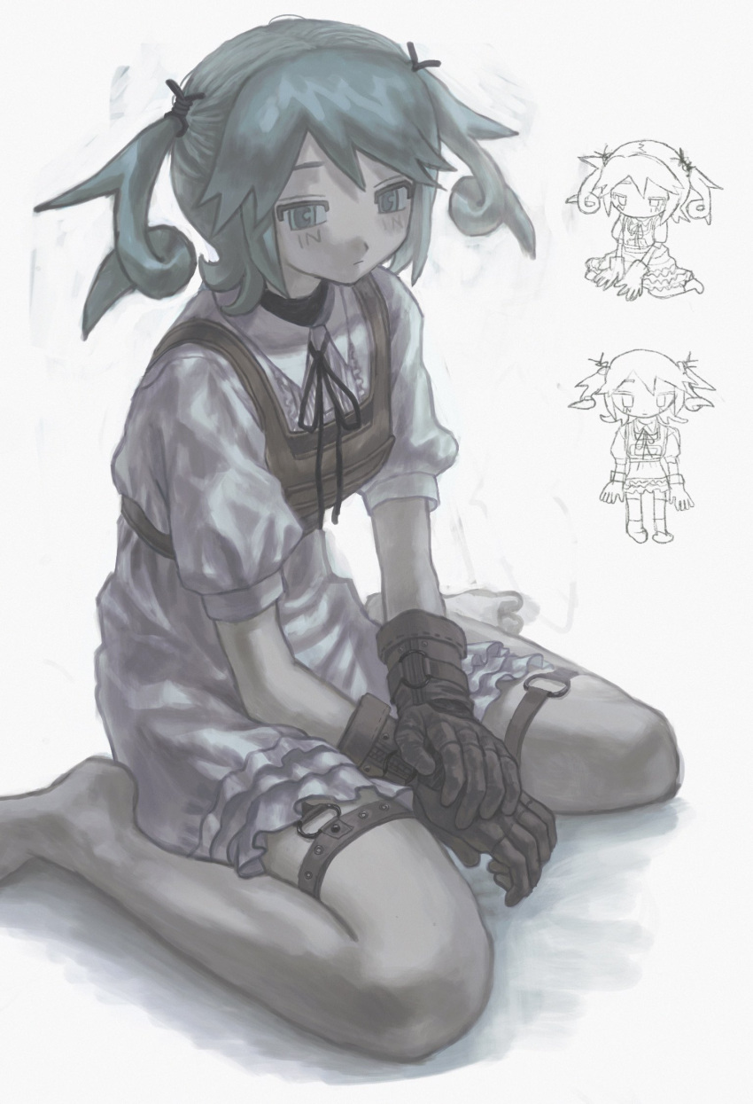 1girl, aqua_eyes, aqua_hair, barefoot, brown_gloves, dress, expressionless, frilled_dress
