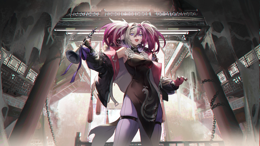 1girl, absurdres, architecture, armpit_peek, banner, black_dress, black_gloves, black_jacket, breasts, chain, china_dress, chinese_clothes, cleavage_cutout, clothing_cutout, coin, cowboy_shot, dress, dudu_(path_to_nowhere), east_asian_architecture, gate, gloves, hair_between_eyes, hair_intakes, highres, holding, holding_instrument, holed_coin, instrument, jacket, lapel_pin, leggings, looking_at_viewer, looking_down, medium_breasts, multicolored_hair, open_clothes, open_jacket, open_mouth, path_to_nowhere, peacock_print, pink_gloves, print_dress, purple_hair, purple_leggings, purple_ribbon, ribbon, short_twintails, side_slit, skindentation, sleepless_(wrysmile), sleeveless, sleeveless_dress, smile, solo, suona, tapestry, tassel, thigh_strap, twintails, two-tone_gloves, two-tone_hair, violet_eyes, white_hair