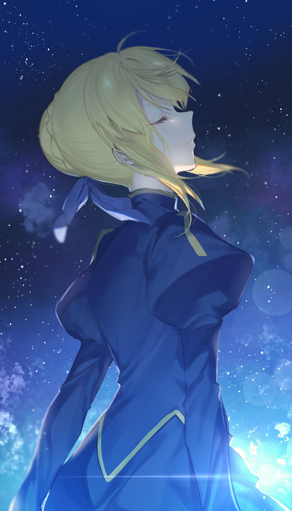 1girl, ahoge, arms_at_sides, artoria_pendragon_(fate), blonde_hair, blue_dress, blue_ribbon, blurry, braid, braided_bun, closed_eyes, closed_mouth, cowboy_shot, depth_of_field, dress, fate/stay_night, fate_(series), from_side, gold_trim, hair_bun, hair_ribbon, highres, juliet_sleeves, lens_flare, long_sleeves, night, night_sky, nozawa_noko, outdoors, profile, puffy_sleeves, ribbon, saber_(fate), sky, solo, star_(sky), wind