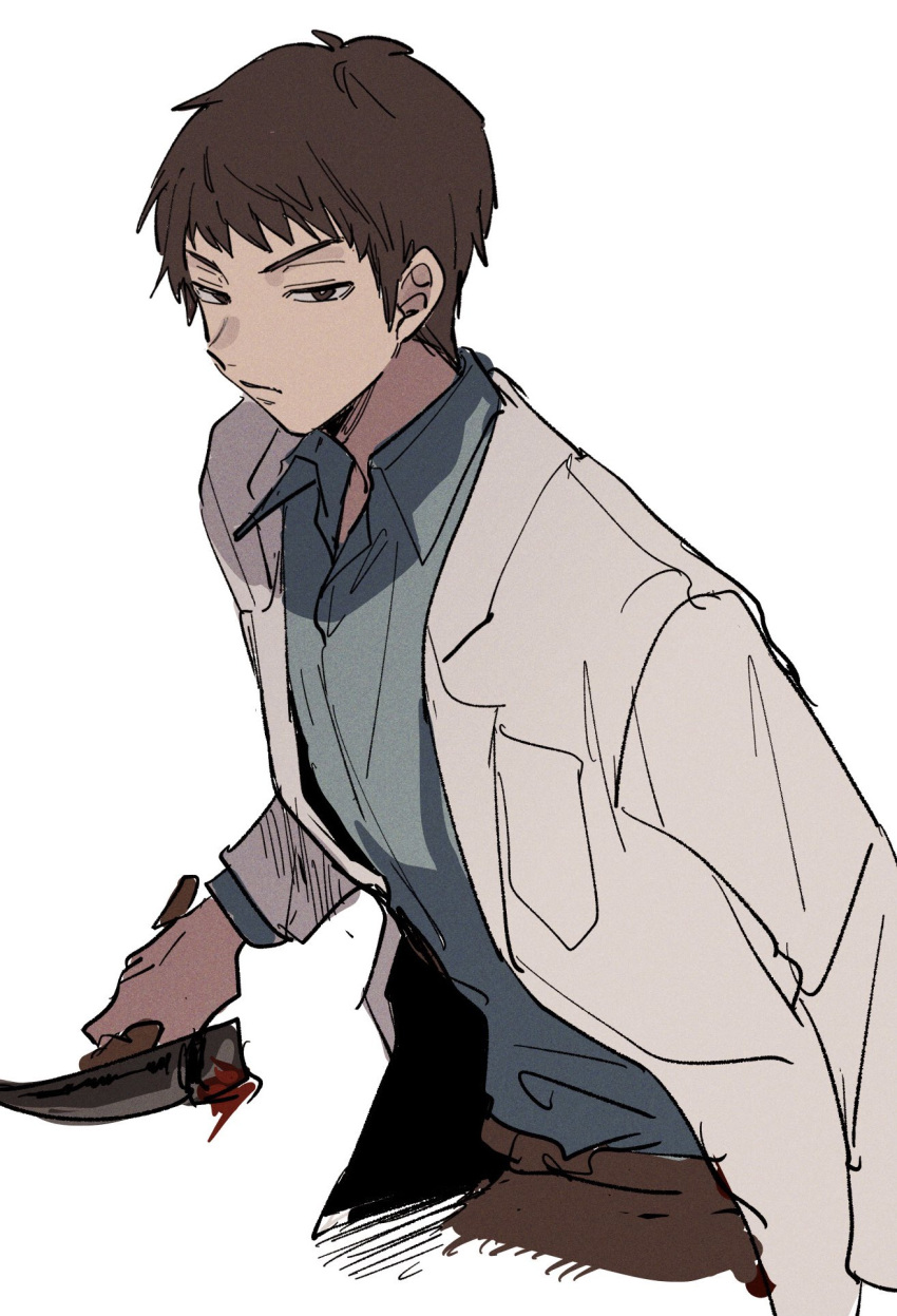 1boy, aoi_(yooo009), blue_shirt, brown_eyes, brown_hair, closed_mouth, collared_shirt, cowboy_shot
