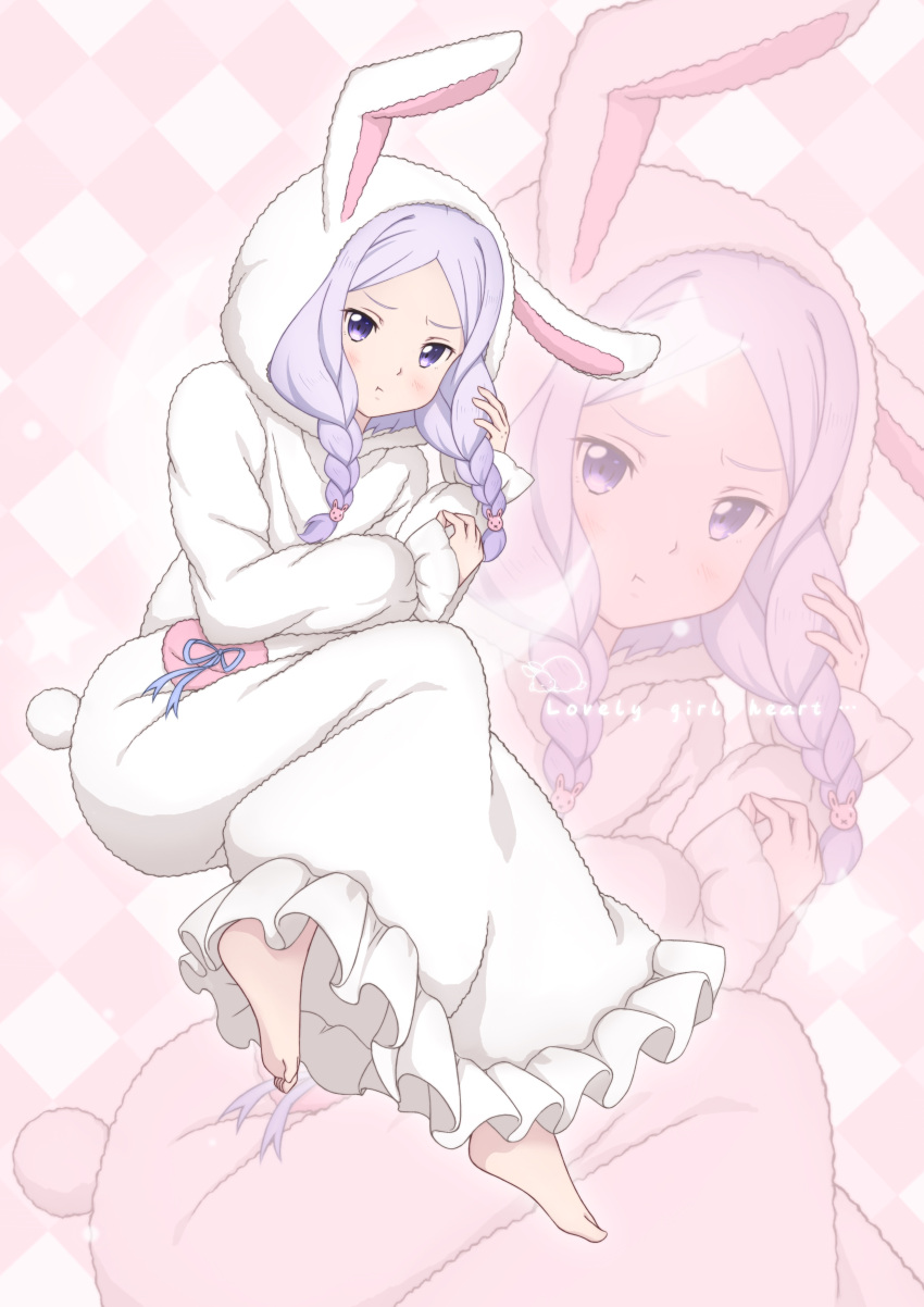 1girl, absurdres, alternate_costume, animal_ears, barefoot, blue_ribbon, braid, chinese_commentary, commentary_request, english_text, fake_animal_ears, fake_tail, full_body, grid_background, highres, light_blush, long_sleeves, looking_at_viewer, onesie, pajamas, peri_(qq2748089832), pink_background, playing_with_hair, playing_with_own_hair, pout, purple_hair, quinella, rabbit, rabbit_ears, rabbit_pajamas, rabbit_tail, recurring_image, ribbon, short_hair_with_long_locks, solo, star_(symbol), sword_art_online, tail, twin_braids, violet_eyes, white_pajamas