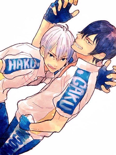 2boys, antenna_hair, arakita_yasutomo, arm_around_neck, az_mellow, black_eyes, blue_eyes, blue_gloves