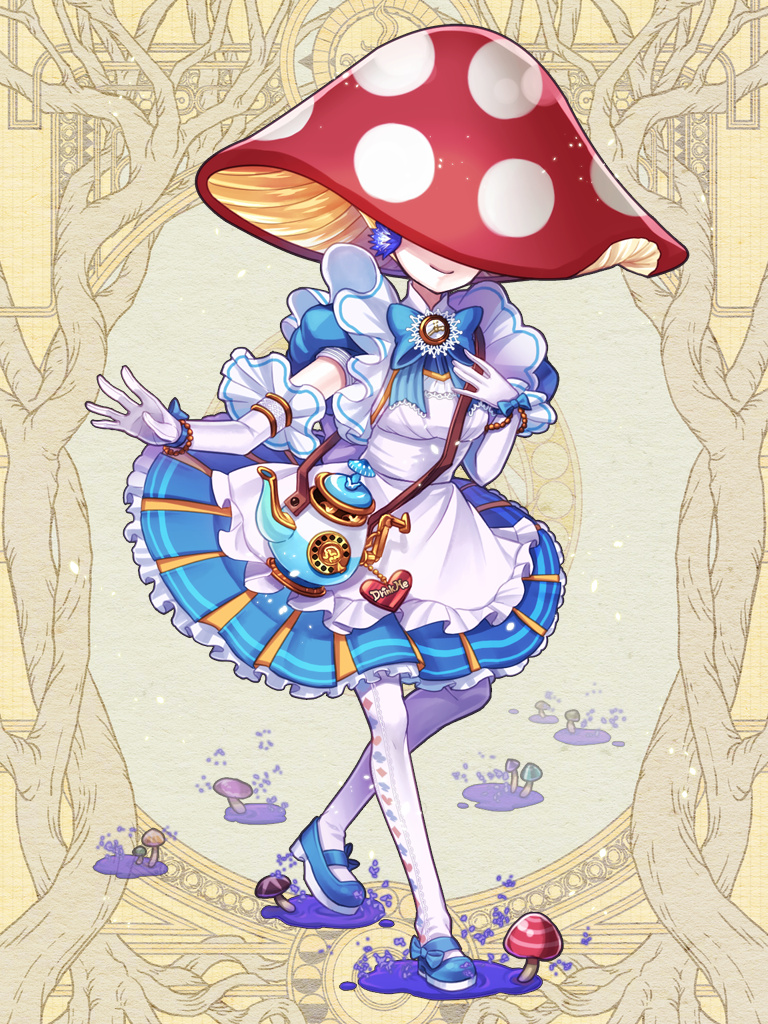 1girl, apupu, argyle_clothes, argyle_legwear, blue_bow, blue_dress, blue_footwear, bow, bracelet, dairoku_ryouhei, dress, drink_me, elbow_gloves, facing_viewer, full_body, gloves, hand_up, hat, jewelry, mary_janes, mushroom, mushroom_hat, petit_grande, puffy_shorts, shoes, shorts, smile, solo, standing, teapot, white_dress, white_gloves, yellow_background