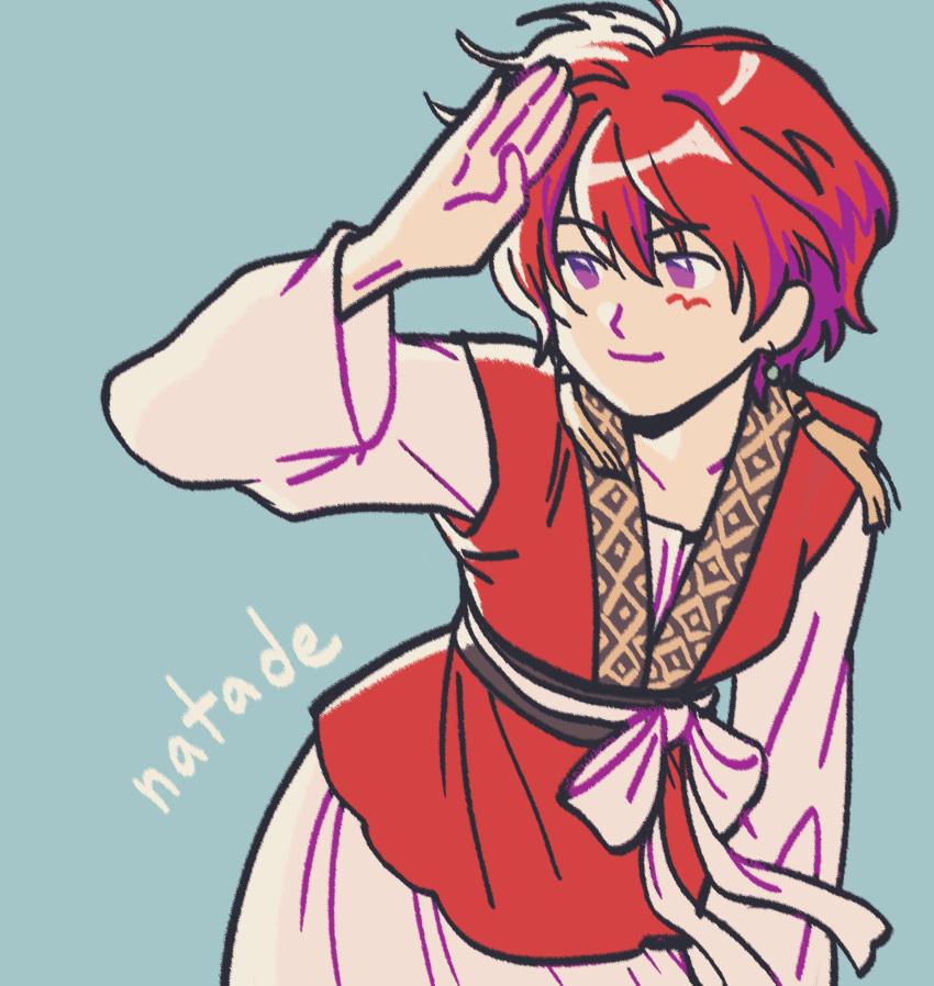1girl, akatsuki_no_yona, arm_up, artist_name, blue_background, cowboy_shot, dress, earrings, english_commentary, hair_between_eyes, highres, jewelry, long_sleeves, looking_to_the_side, natade_art, pink_dress, pink_sash, red_vest, redhead, sash, short_hair, simple_background, solo, tassel, tassel_earrings, vest, yona_(akatsuki_no_yona)