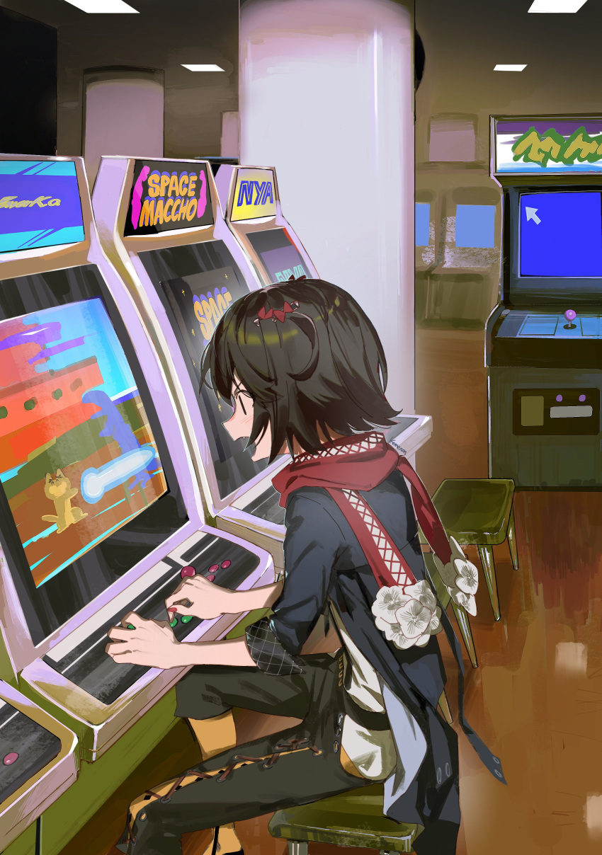 1boy, absurdres, arcade, arcade_cabinet, black_coat, black_eyes, black_hair, black_pants