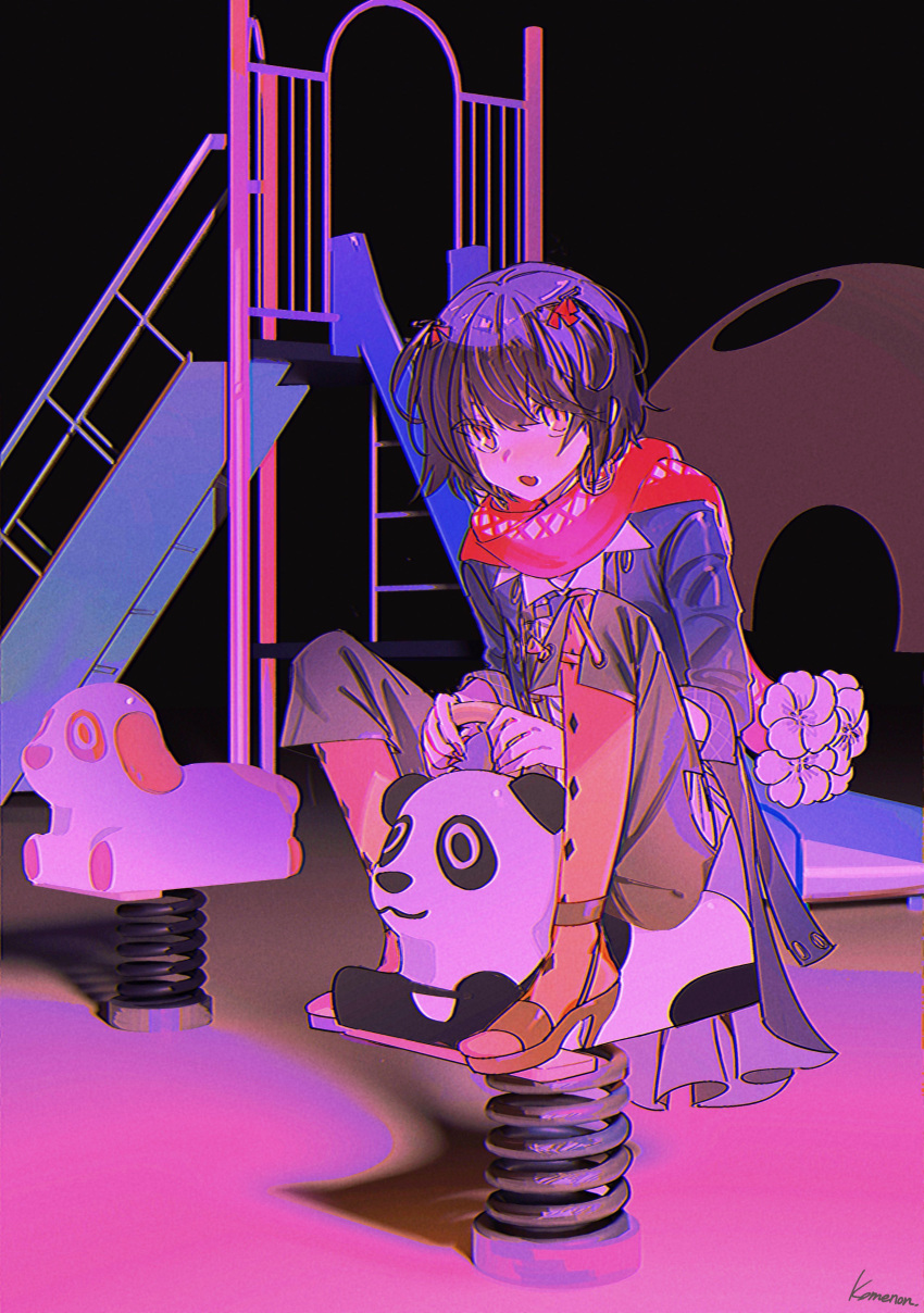 1boy, absurdres, black_hair, black_pants, blue_coat, coat, collared_shirt, fang