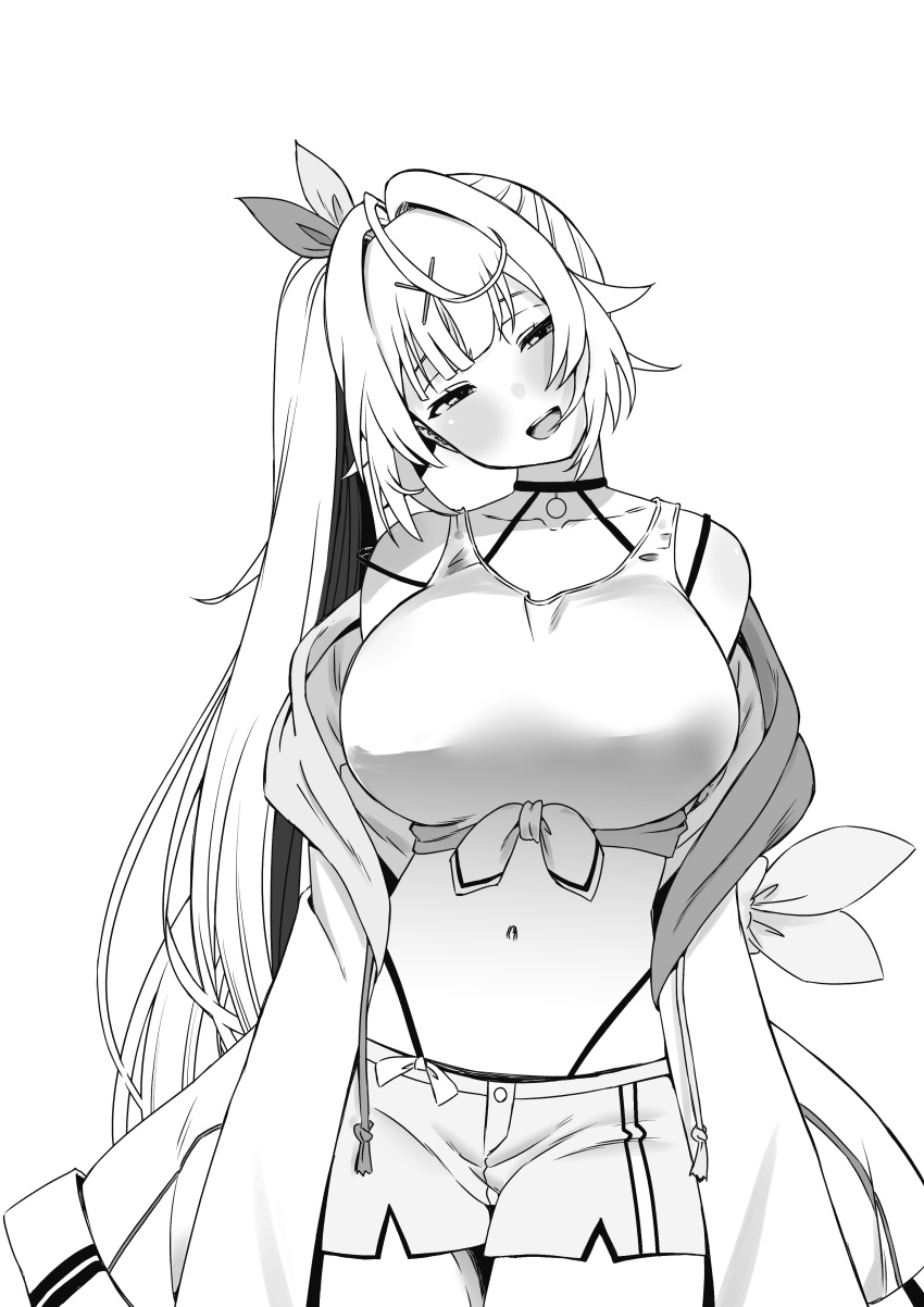 1girl, absurdres, ahoge, black_choker, blush, breasts, choker, collarbone, front-tie_top, greyscale, hair_ornament, hair_ribbon, head_tilt, highleg, highleg_panties, highres, hoshikawa_sara, hoshikawa_sara_(1st_costume), huge_breasts, jacket, long_hair, looking_at_viewer, monochrome, navel, nijisanji, off-shoulder_jacket, off_shoulder, open_mouth, panties, panty_straps, ribbon, senaka_(kamemusikiller0723), shirt, short_shorts, shorts, side_ponytail, simple_background, smile, solo, standing, stomach, tank_top, tied_shirt, underwear, very_long_hair, virtual_youtuber, white_background, white_tank_top, x_hair_ornament