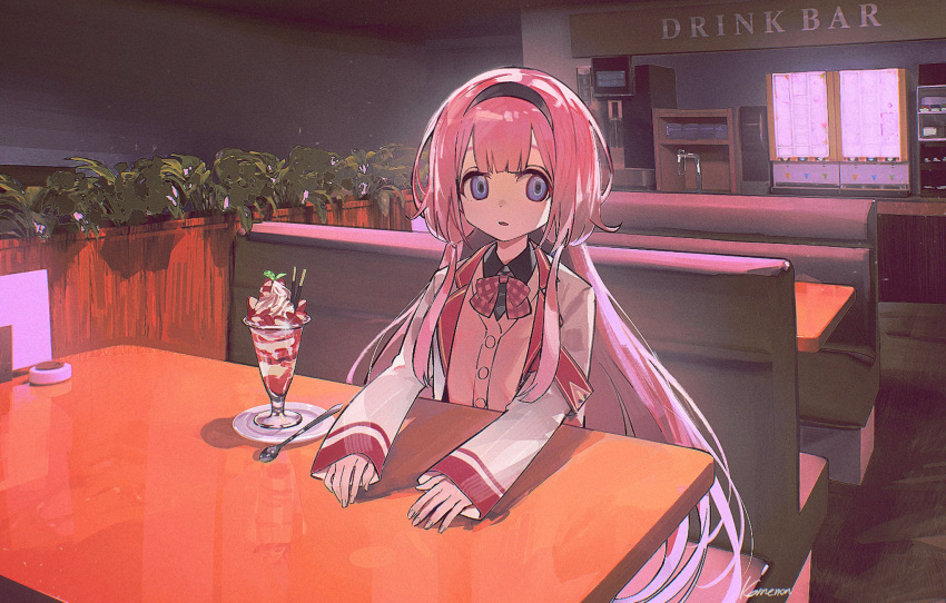 1girl, armband, black_hairband, black_shirt, blank_stare, blazer, blue_eyes, booth_seating