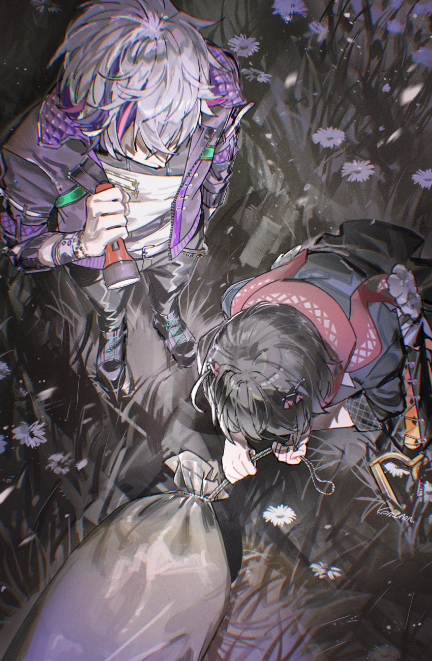 2boys, absurdres, bent_over, black_coat, black_hair, black_jacket, black_pants, bracelet