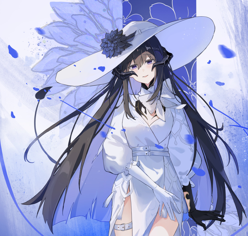1girl, asymmetrical_gloves, belt, black_flower, black_gloves, black_hair, bow, commentary_request, constance_(honkai:_star_rail), cowboy_shot, demon_horns, dress, flower, gloves, hat, hat_flower, highres, honkai:_star_rail, honkai_(series), horns, long_hair, long_sleeves, looking_at_viewer, meijianshanshuizhangming, mismatched_gloves, parted_lips, puffy_sleeves, solo, thigh_belt, thigh_strap, very_long_hair, violet_eyes, white_bow, white_dress, white_gloves, white_hat