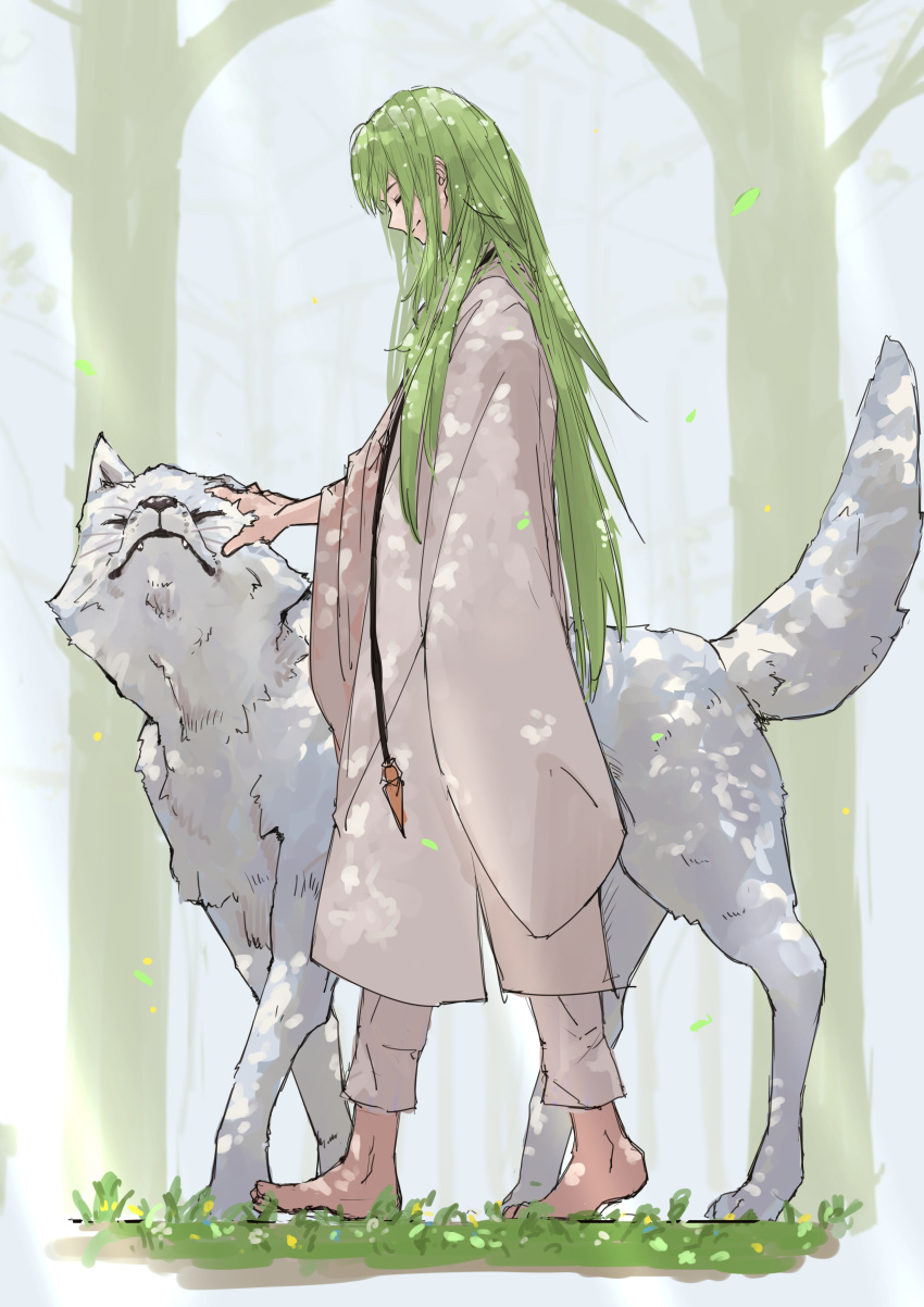 1other, absurdres, androgynous, animal, barefoot, closed_eyes, closed_mouth, commentary_request, enkidu_(fate), fate/strange_fake, fate_(series), from_side, green_hair, highres, kdm_(ke_dama), long_hair, pants, profile, robe, sleeves_past_fingers, sleeves_past_wrists, smile, toes, walking, white_pants, white_robe, white_wolf, wide_sleeves, wolf, wolf_(fate)