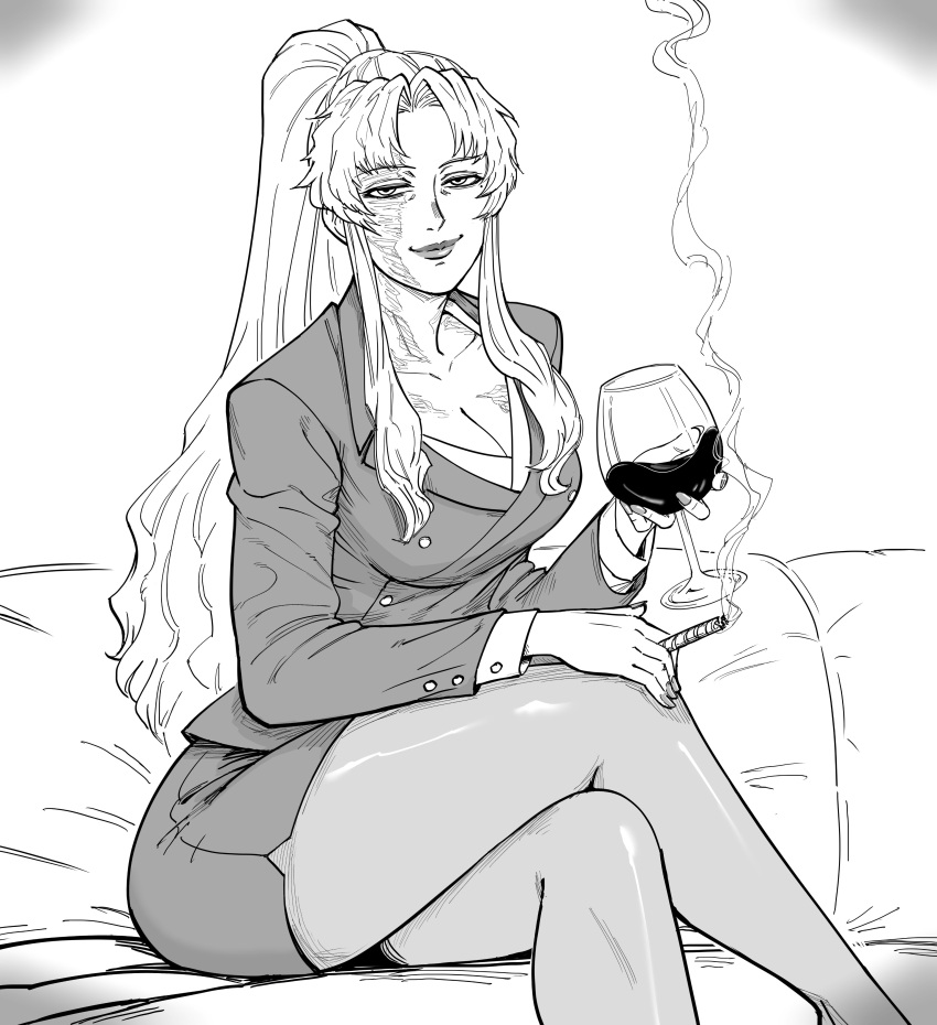 1girl, absurdres, balalaika_(black_lagoon), bb_(baalbuddy), black_lagoon, breasts, cigar, commission, crossed_legs, cup, drinking_glass, formal, highres, holding, holding_cigar, jacket, large_breasts, long_hair, monochrome, pantyhose, pencil_skirt, scar, scar_on_face, skirt, skirt_suit, smile, smoke, solo, suit, wine_glass