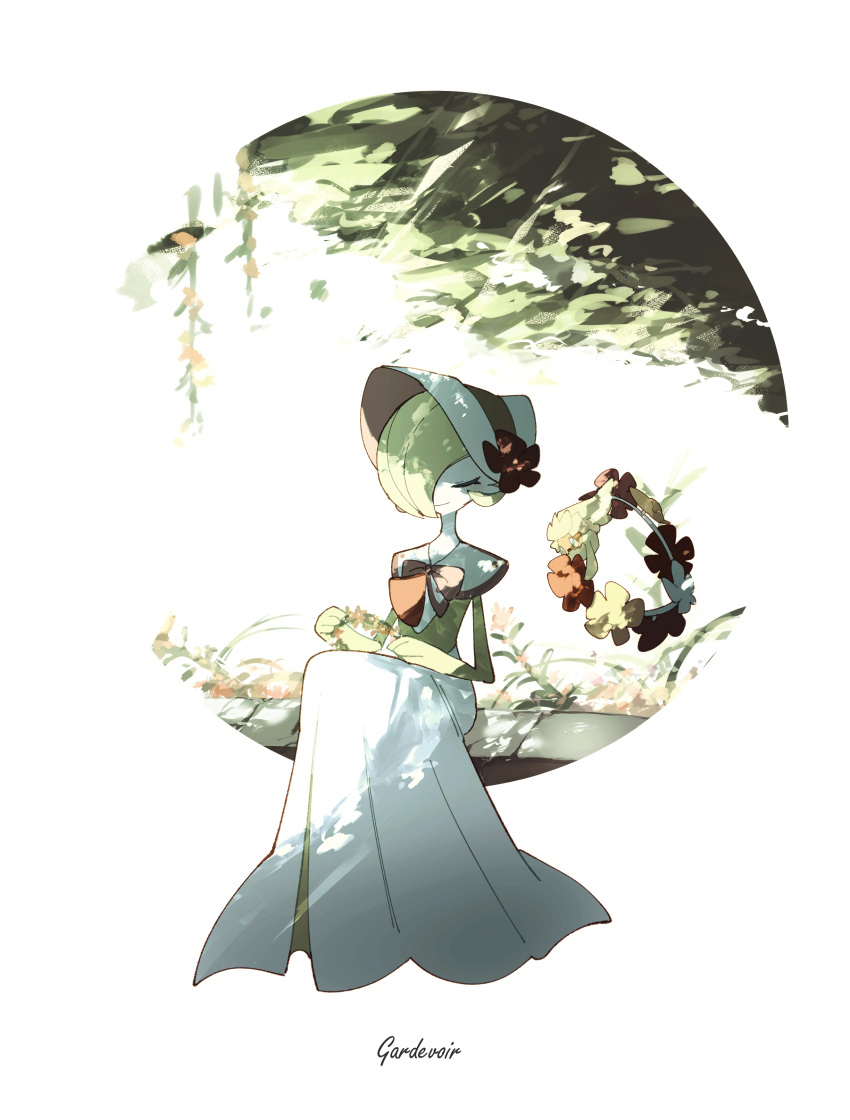 absurdres, aya_(ayamenora), bob_cut, closed_eyes, colored_skin, comfey, dress, flower, gardevoir, gardevoir_(fashionable), green_hair, hair_over_one_eye, hat, hat_flower, highres, multicolored_skin, pokemon, pokemon_(creature), pokemon_unite, sitting, smile, two-tone_skin, white_dress, white_skin