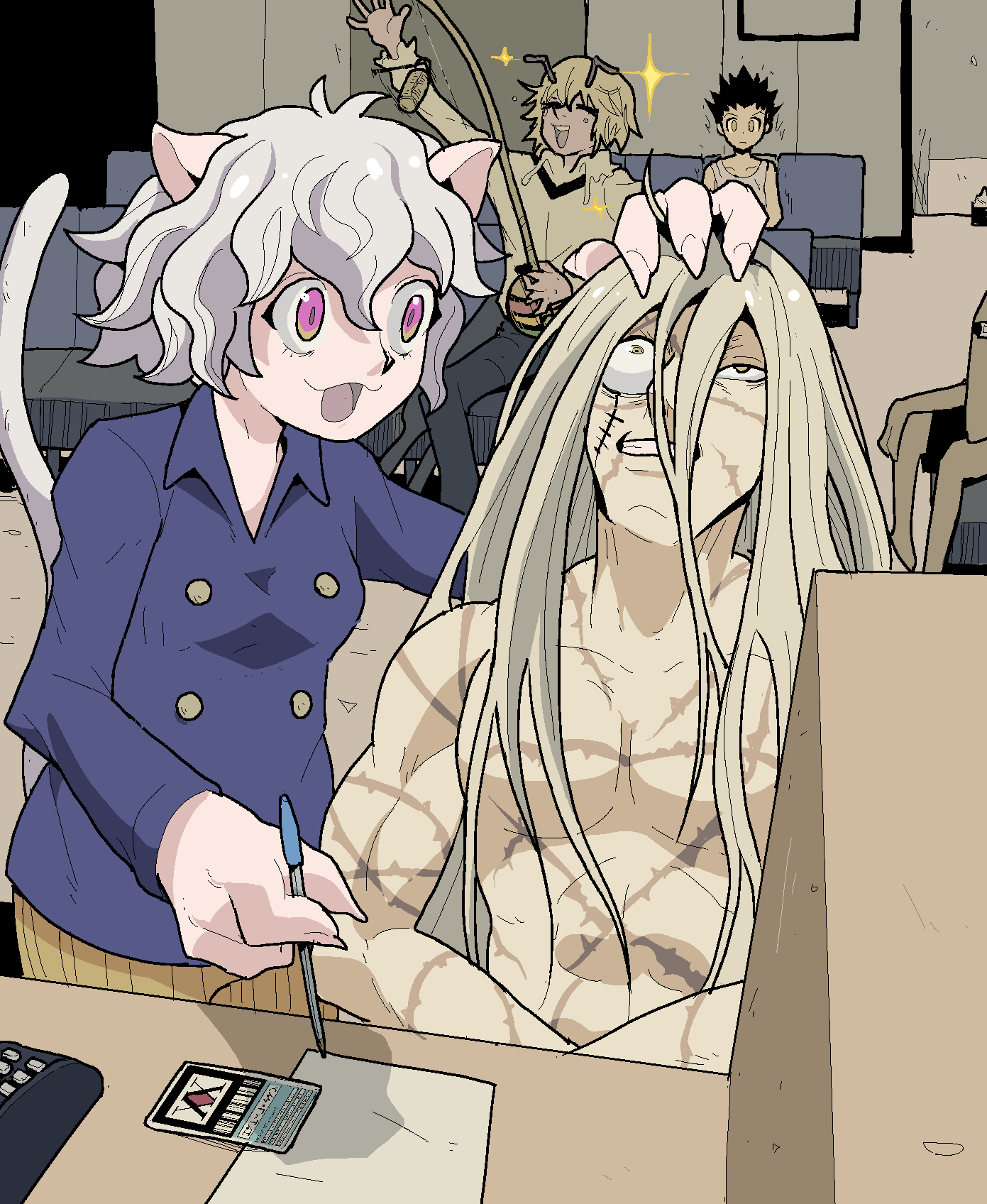 1girl, 3boys, animal_ears, antennae, black_hair, blonde_hair, cat_ears, cat_tail