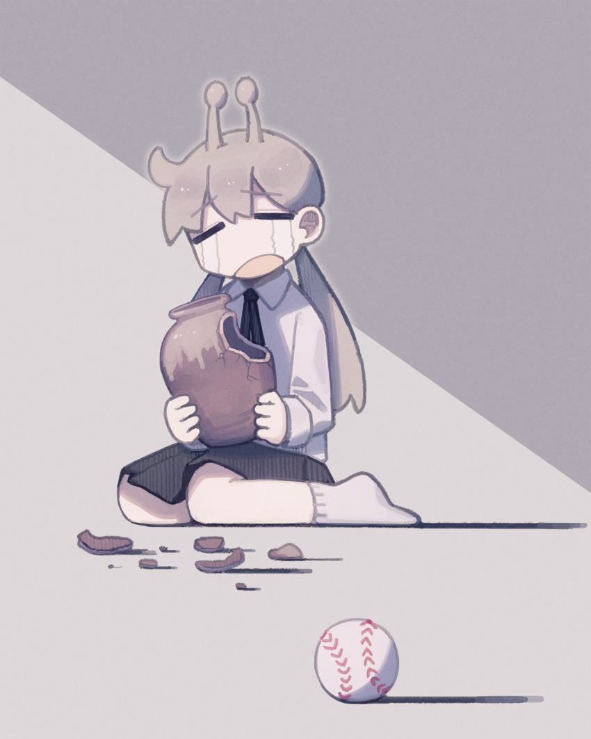 1girl, antennae, baseball, black_ribbon, black_skirt, broken_vase, closed_eyes, collared_shirt