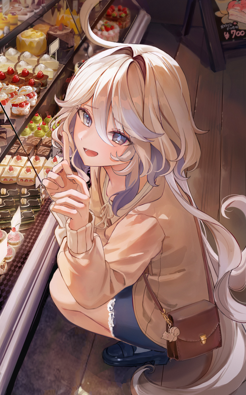 1girl, absurdres, ahoge, alternate_costume, animal_charm, arms_on_knees, bag, black_footwear