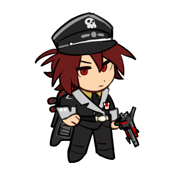 1boy, black_hat, black_jacket, black_pants, chibi, closed_mouth, epic_battle_fantasy, gun