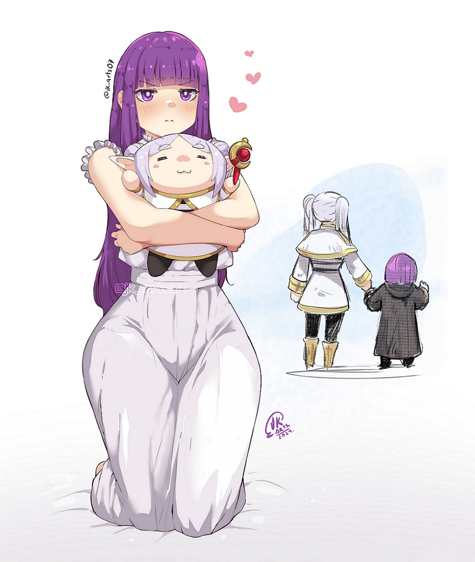 2girls, :3, aged_down, black_pantyhose, capelet, character_doll, dress, elf, fern_(sousou_no_frieren), frieren, heart, holding_hands, jk_arts, long_hair, multiple_girls, pantyhose, pointy_ears, purple_hair, skirt, sousou_no_frieren, twintails, violet_eyes, white_capelet, white_dress, white_hair, white_skirt