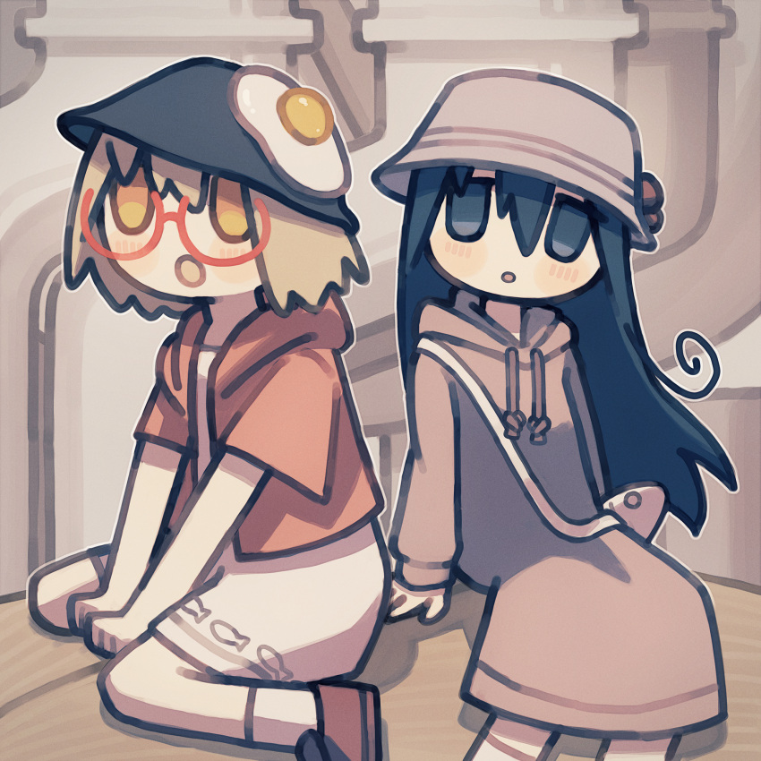 2girls, arms_between_legs, black_eyes, blonde_hair, blush, brown_footwear, brown_robe, bucket_hat