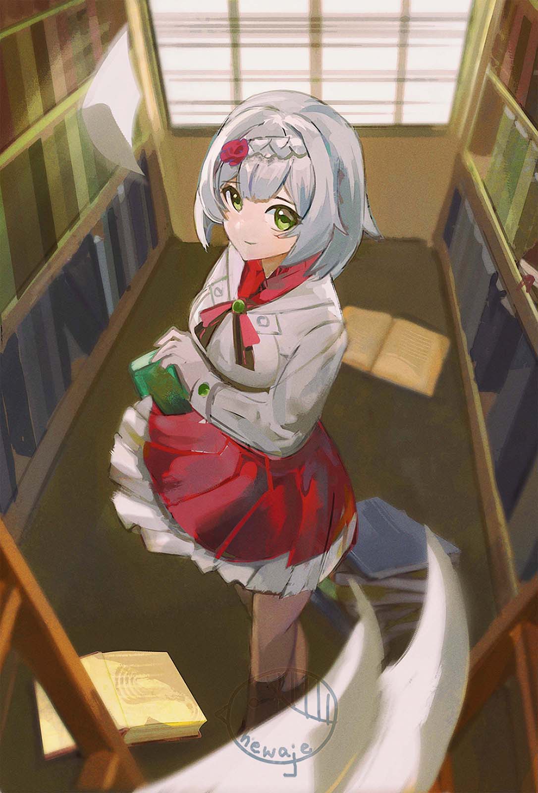 1girl, alternate_costume, artist_name, book, dress, english_commentary, flower, from_above, genshin_impact, green_eyes, grey_hair, grey_jacket, hair_flower, hair_ornament, hewaje, highres, jacket, ladder, library, looking_at_viewer, noelle_(genshin_impact), open_book, red_dress, red_flower, short_hair, smile, solo, window