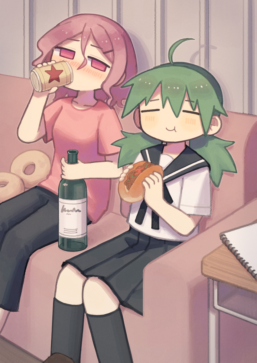 2girls, ahoge, beer_can, black_pants, black_sailor_collar, black_skirt, black_socks, blush