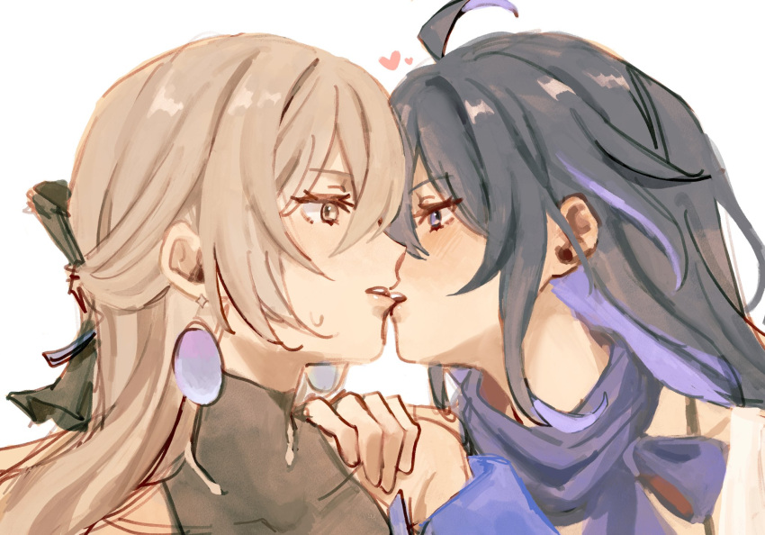 2girls, ahoge, biting, biting_another's_lip, black_hair, black_shirt, bronya_rand, commentary_request