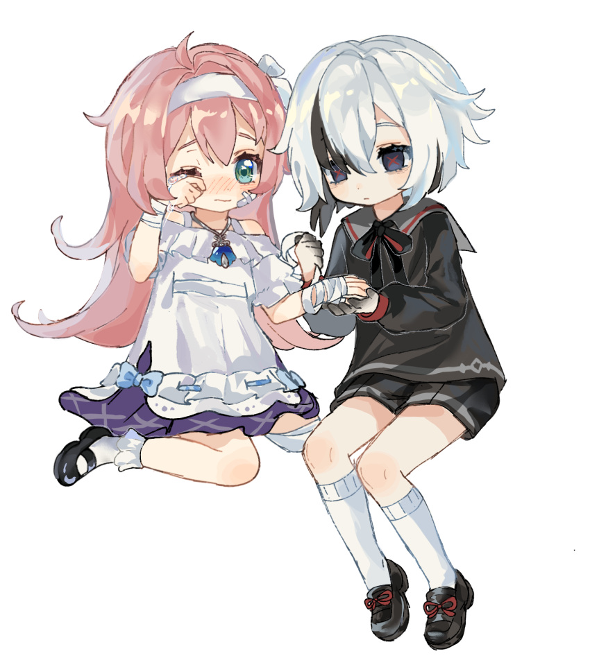 2girls, aged_down, applying_bandages, aqua_eyes, arlecchino_(genshin_impact), bandaged_arm, bandages, bandaid