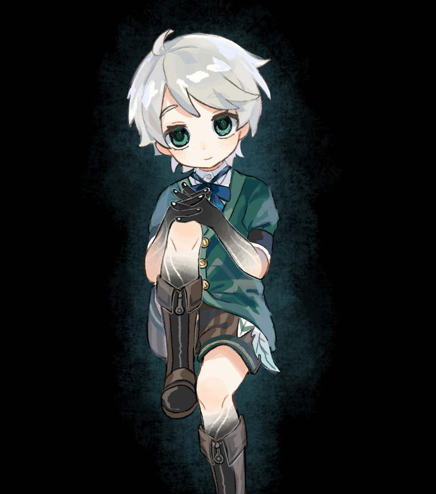1boy, ahoge, black_background, black_skin, blue_bow, blue_bowtie, boots, bow, bowtie, brown_footwear, brown_shorts, buttons, caterpillar_(genshin_impact), child, chinese_commentary, collared_shirt, colored_extremities, colored_skin, commentary_request, empty_eyes, foot_out_of_frame, genshin_impact, green_eyes, green_jacket, grey_hair, hands_on_own_knee, highres, huokui, interlocked_fingers, jacket, knee_boots, knee_up, looking_at_viewer, male_focus, multicolored_skin, own_hands_together, shirt, short_hair, shorts, simple_background, sitting, smile, solo, striped_clothes, striped_shorts, two-tone_skin, white_nails