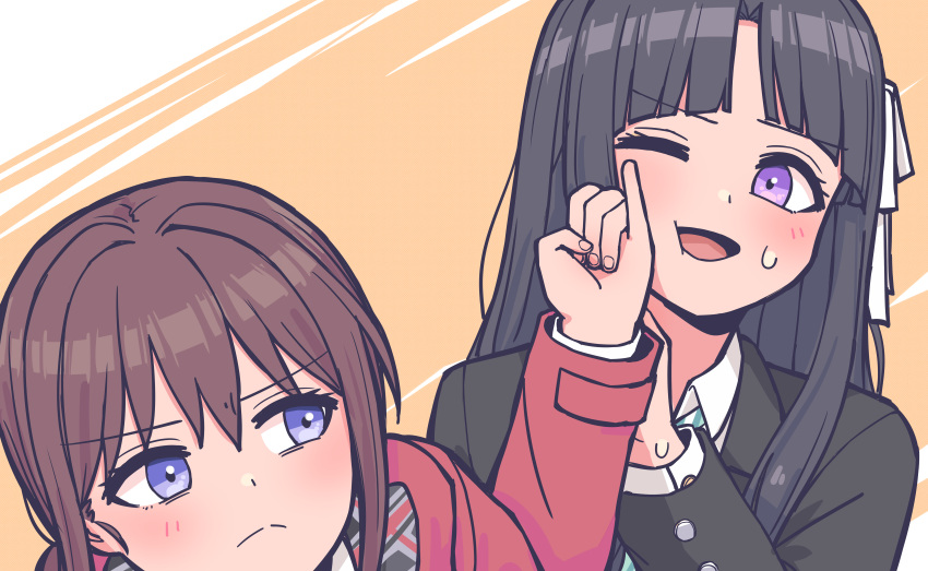 2girls, absurdres, awa_subaru, black_hair, blue_eyes, blush, brown_hair, closed_mouth