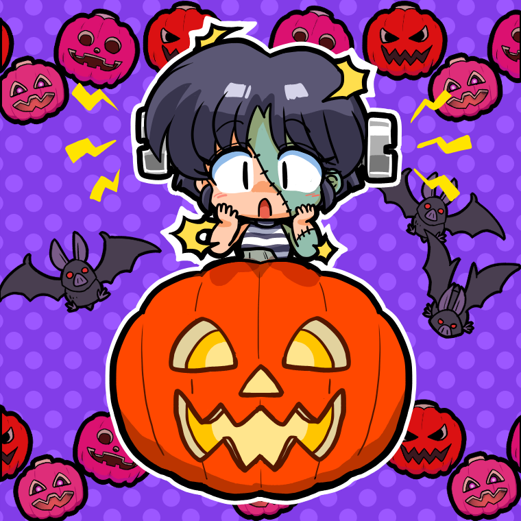 1girl, alarmed, bat_(animal), black_hair, bolt, chibi, chibi_only, cosplay