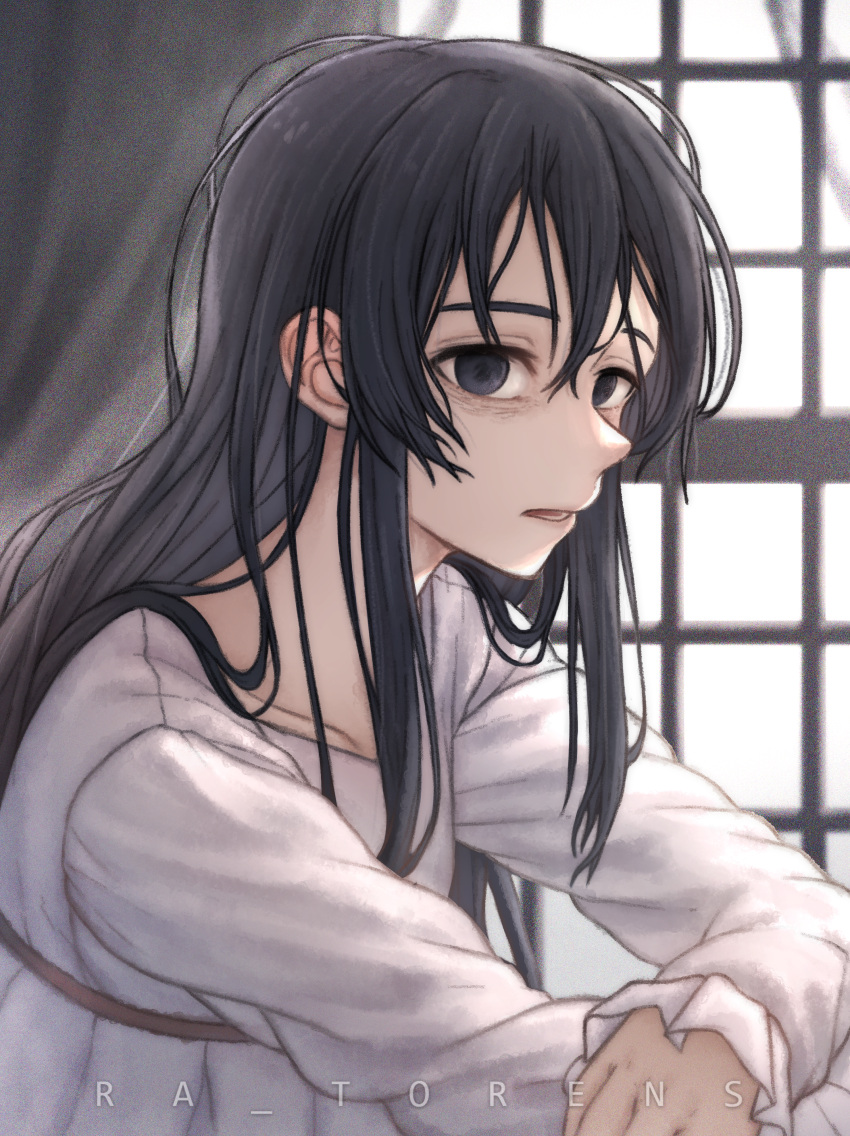 1girl, absurdres, artist_name, black_eyes, black_hair, highres, indoors, messy_hair