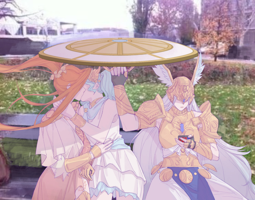3girls, allagan_tomestone, armor, azeyma, bench, black_gloves, blue_hair, blue_scarf, blurry, blurry_background, boobplate, bracelet, chinese_commentary, commentary_request, covered_eyes, cowboy_shot, day, derivative_work, dress, final_fantasy, final_fantasy_xiv, fingerless_gloves, floating_hair, gauntlets, gloves, grass, halone_(ff14), hand_on_another's_neck, hand_on_another's_stomach, hand_up, helmet, helmet_over_eyes, highres, holding, holding_phone, holding_shield, jewelry, kiss, laurel_crown, long_bangs, long_hair, meme, menphina, multiple_girls, on_bench, orange_hair, outdoors, pauldrons, phone, photo_background, ponytail, scarf, shield, short_hair, short_twintails, shoulder_armor, single_gauntlet, sitting, skirt, sleeveless, sleeveless_dress, tree, twintails, vambraces, white_dress, white_hair, white_skirt, winged_helmet, wo_dou_gao_shi'er_shennu, yuri