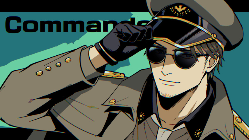 1boy, amearare, arm_up, beard_stubble, character_name, coat, coat_on_shoulders, commentary