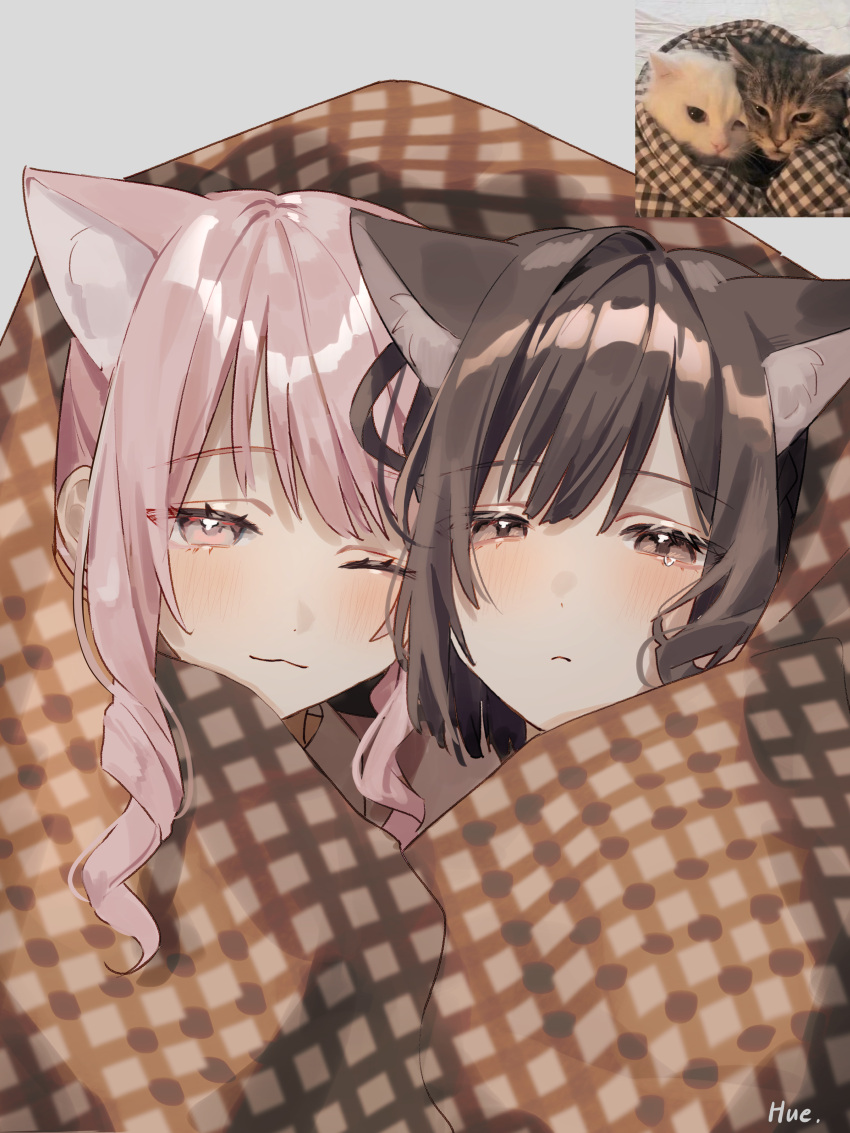 1girl, 1other, absurdres, akiyama_mizuki, animal, animal_ears, artist_name, blanket, brown_eyes, brown_hair, cat, cat_ears, closed_mouth, commentary_request, drill_hair, drill_sidelocks, grey_background, half-closed_eyes, highres, hue_0813, kitten, light_blush, one_eye_closed, photo-referenced, photo_inset, pink_eyes, pink_hair, project_sekai, shinonome_ena, short_hair, sidelocks, tears, under_covers, wavy_mouth