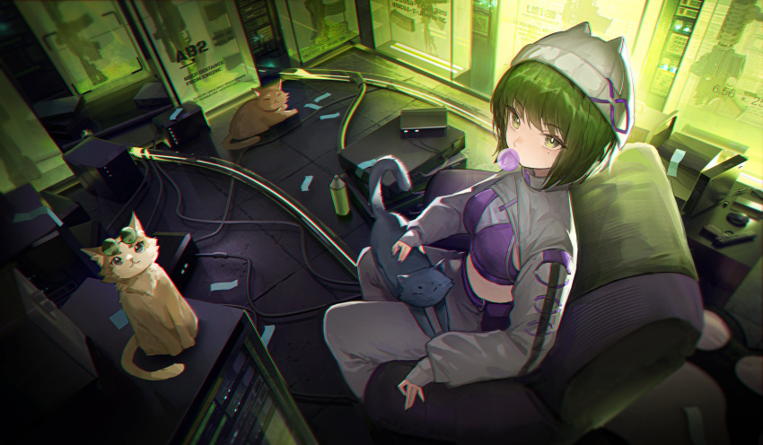1girl, absurdres, animal_hat, arknights, assault_rifle, blowing_bubbles, cable, cat