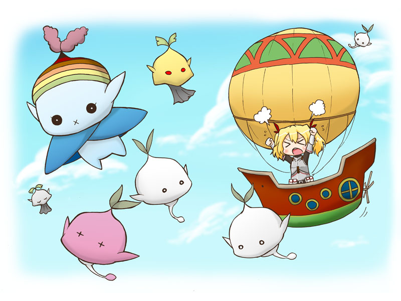 >_<, 1girl, :x, aircraft, airship, armor, arms_up, blonde_hair