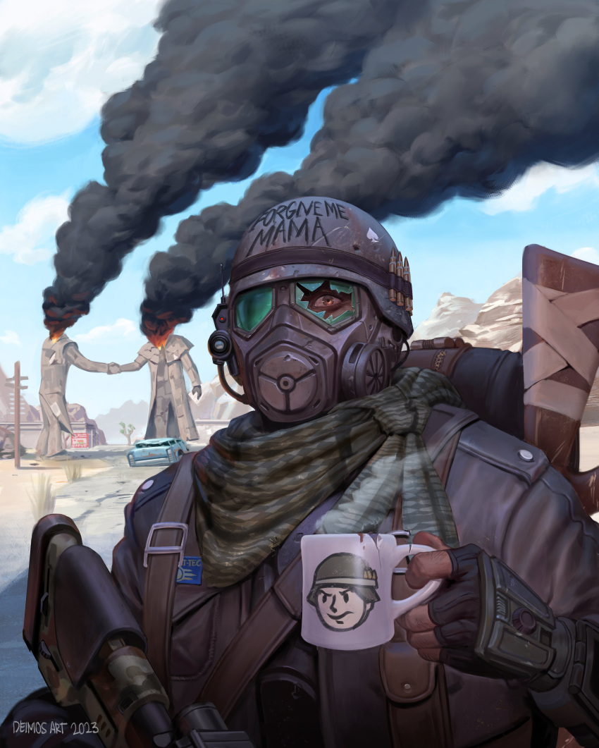 1boy, 2023, absurdres, assault_rifle, backpack, bag, broken_eyewear, bullet, burning, car, coffee, coffee_mug, courier_(fallout_new_vegas), cup, deimos_art, english_text, fallout_(series), fallout_new_vegas, fingerless_gloves, gas_mask, gloves, grey_eyes, gun, helmet, highres, jacket, leather, leather_jacket, looking_at_viewer, mask, motor_vehicle, mug, ncr_veteran_ranger, pip_boy, pouch, rifle, scarf, signature, smoke, statue, vault_boy, weapon