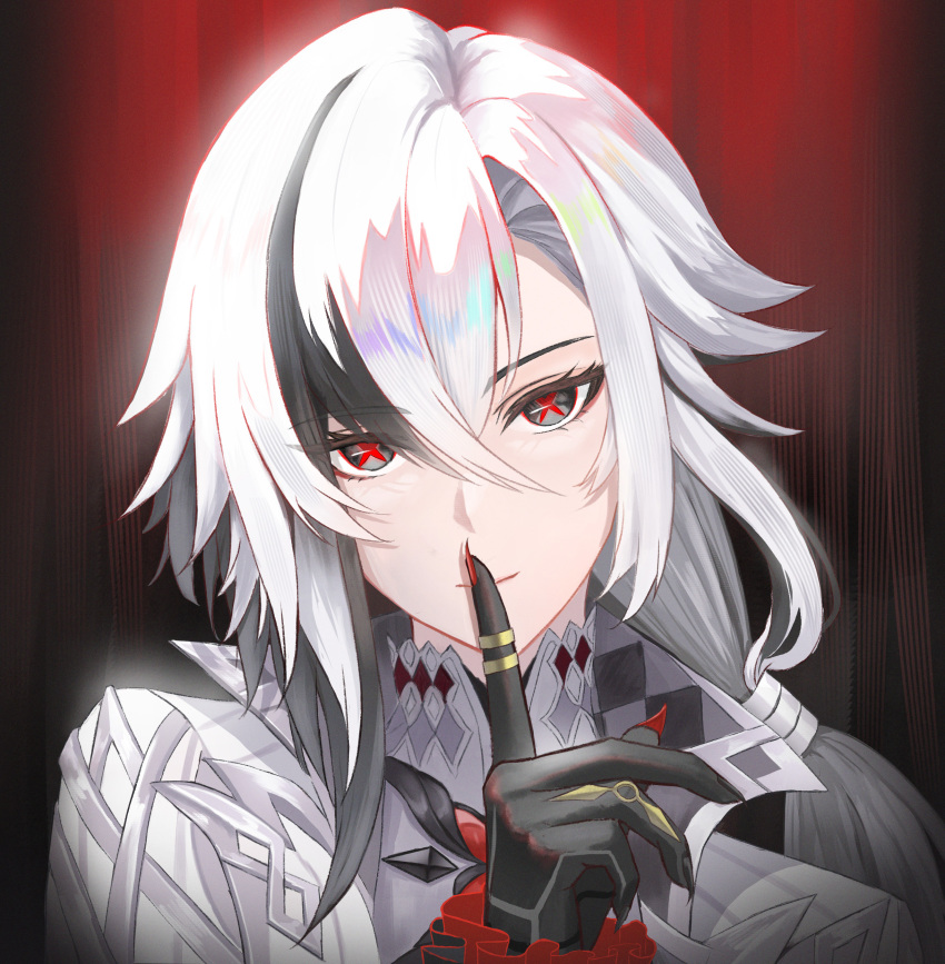 1girl, absurdres, arlecchino_(genshin_impact), black_eyes, black_hair, coat, commentary, furiasu, genshin_impact, hand_up, highres, index_finger_raised, looking_at_viewer, multicolored_hair, portrait, smile, solo, streaked_hair, white_coat, white_hair