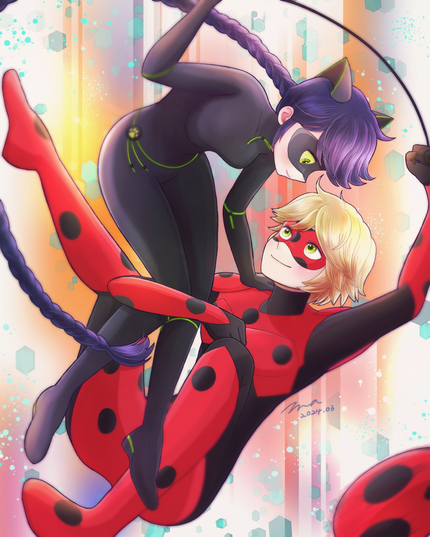 1boy, 1girl, adrien_agreste, black_bodysuit, black_mask, blonde_hair, blue_hair, bodysuit, braid, catnoir_love, closed_mouth, green_eyes, highres, lady_noir, long_hair, looking_at_another, marinette_dupain-cheng, mask, miraculous_ladybug, misterbug_(character), polka_dot, red_bodysuit, red_mask, single_braid, smile, superhero_costume, yo-yo