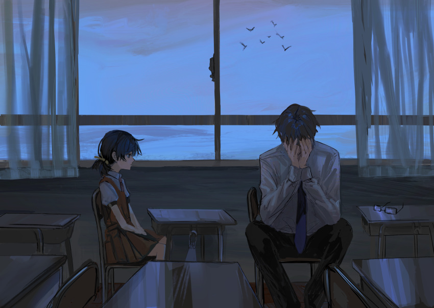 1boy, 1girl, :|, absurdres, black_eyes, black_hair, black_pants, blank_stare