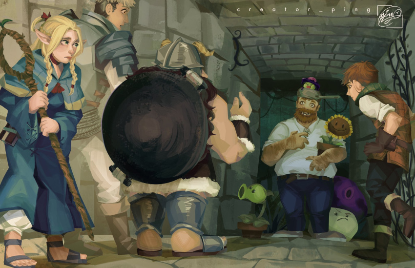 1girl, 4boys, ambrosia_(dungeon_meshi), armor, belt, blonde_hair, blue_capelet, blue_pants, blue_robe, book, boots, bow, braid, brown_footwear, brown_gloves, brown_hair, brown_vest, capelet, character_request, chilchuck_tims, choker, collared_shirt, crazy_dave_(plants_vs_zombies), creator_ping, dungeon_meshi, dwarf, fake_horns, flower, gloves, halfling, helmet, highres, horned_helmet, horns, laios_touden, leather_armor, long_hair, marcille_donato, multiple_boys, mushroom, pants, peashooter_(plants_vs_zombies), plant, plants_vs_zombies, potted_plant, red_bow, red_choker, robe, sandals, senshi_(dungeon_meshi), shirt, shoes, short_hair, staff, sunflower, sunflower_(plants_vs_zombies), twin_braids, vest, white_pants, white_shirt