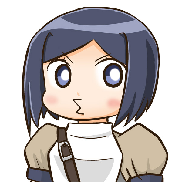 1girl, armor, black_hair, blue_eyes, blush, breastplate, chibi, commentary_request