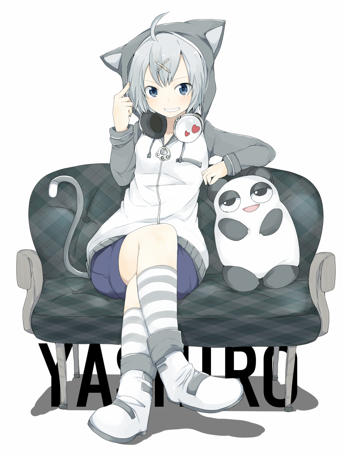 ayase08, blue_eyes, character_request, crossed_legs, grey_hair, headphones, headphones_around_neck, hoodie, original, pun2, sitting, socks, solo, striped, striped_socks, tail, yashiro_(rock_heart)
