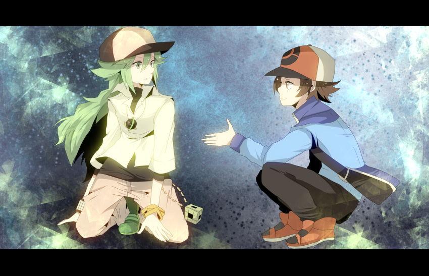 arm_support, bag, bangle, baseball_cap, bracelet, brown_eyes, brown_hair, green_eyes