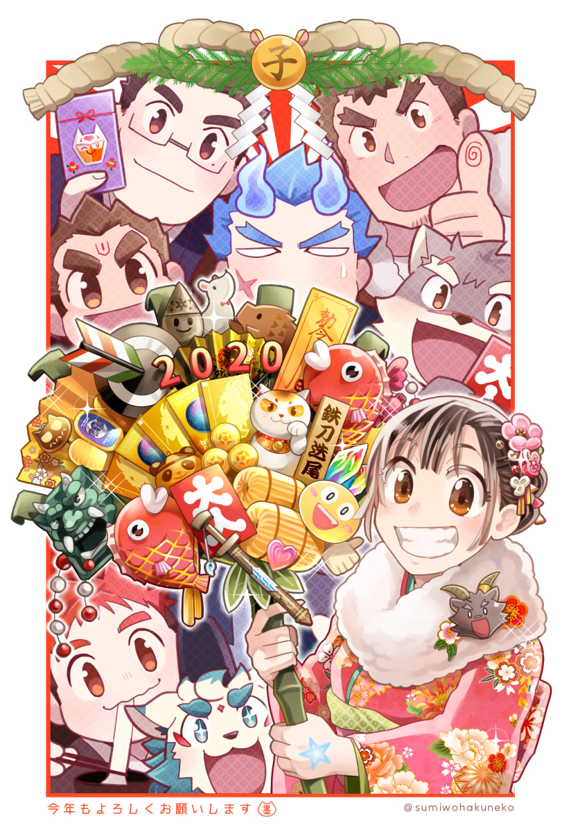 1girl, 2020, 6+boys, arrow_(projectile), bamboo, blue_hair, boar, border