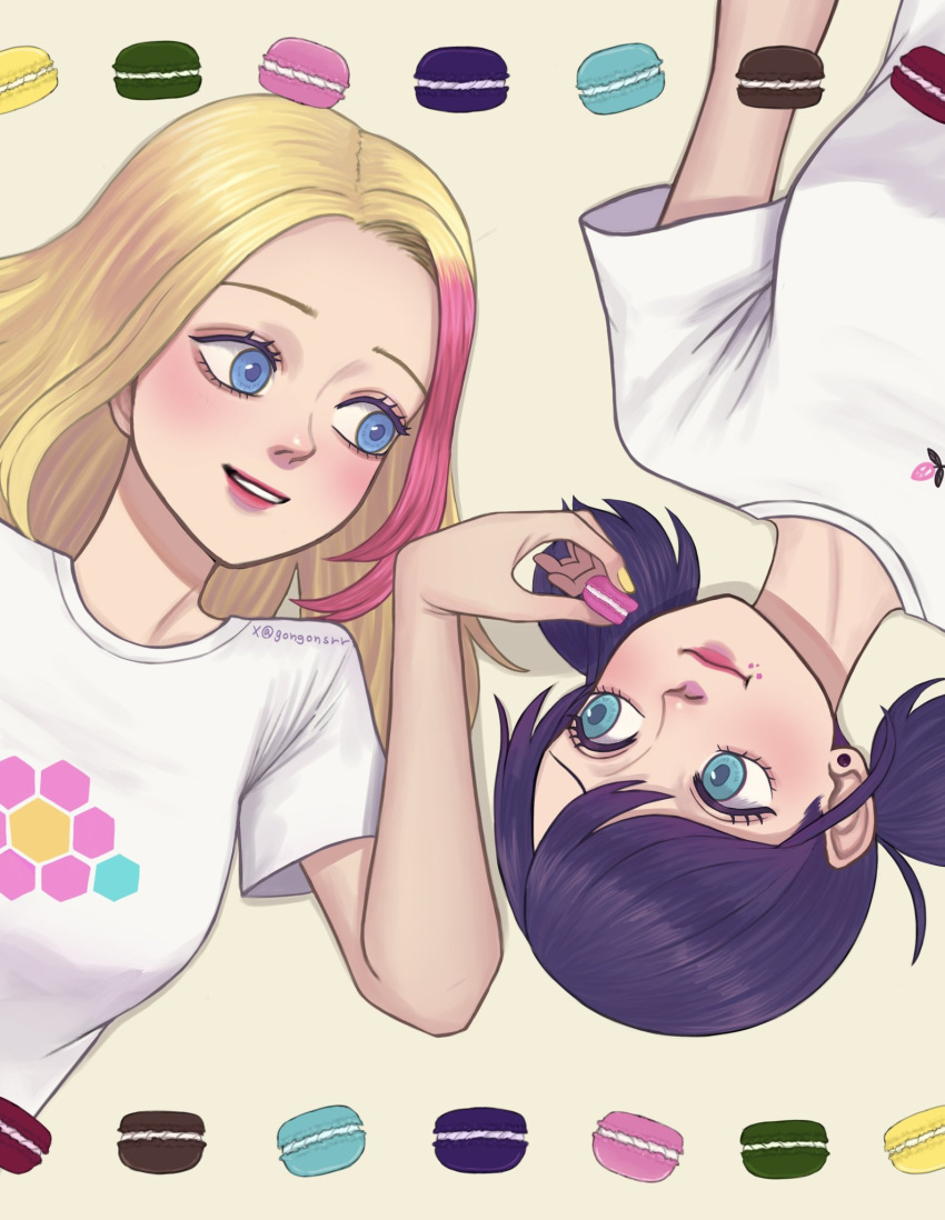 2girls, blonde_hair, blue_eyes, blue_hair, cake, earrings, eating, food