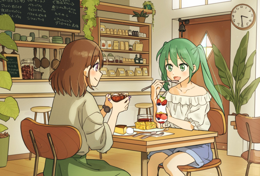 2girls, :d, analog_clock, bare_shoulders, blue_shorts, blush, brown_hair, cafe