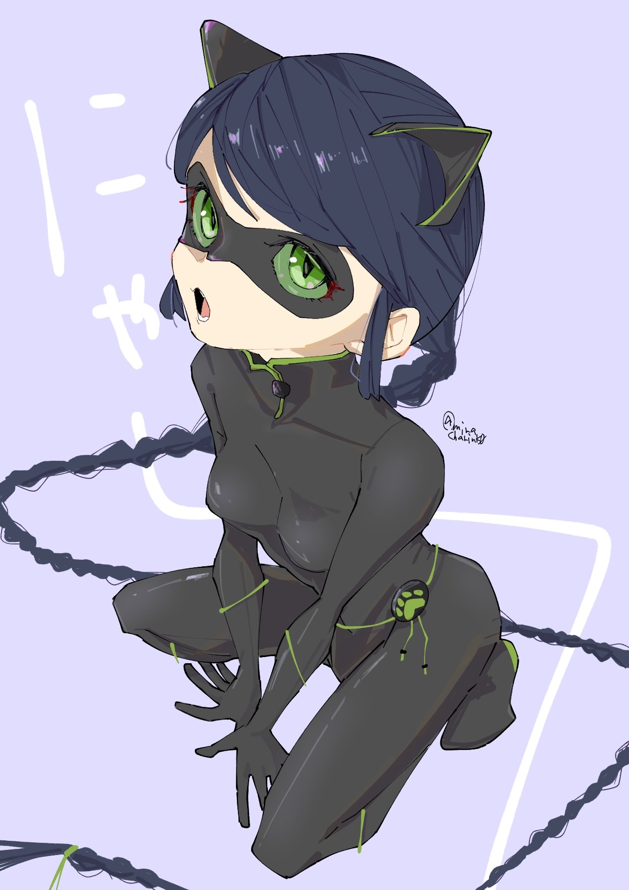 1girl, animal_ears, black_bodysuit, black_mask, blue_hair, bodysuit, braid, cat_ears