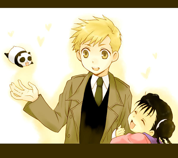 black_hair, blonde_hair, closed_eyes, formal, fullmetal_alchemist, may_chang, smile, xiao-mei